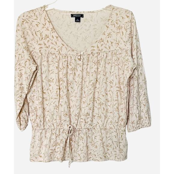 AMERICAN LIVING V-NECK BLOUSE, WOMENS, L, WHITE WITH GOLDTONE LEAVES, 3/4 SLEEVE - Picture 1 of 11